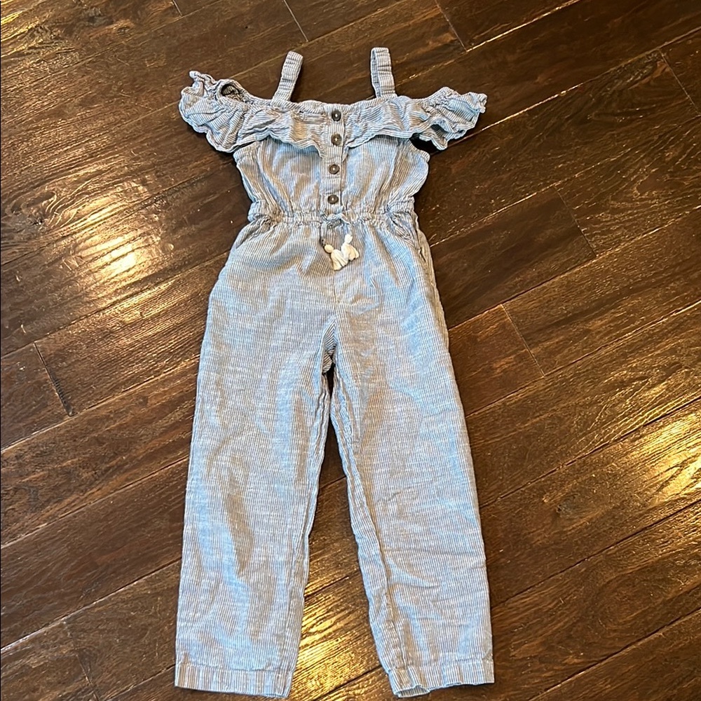 Japna Blue Gray Chambray Jumpsuit with Cold Shoulder & Ruffled Details 8 EUC
